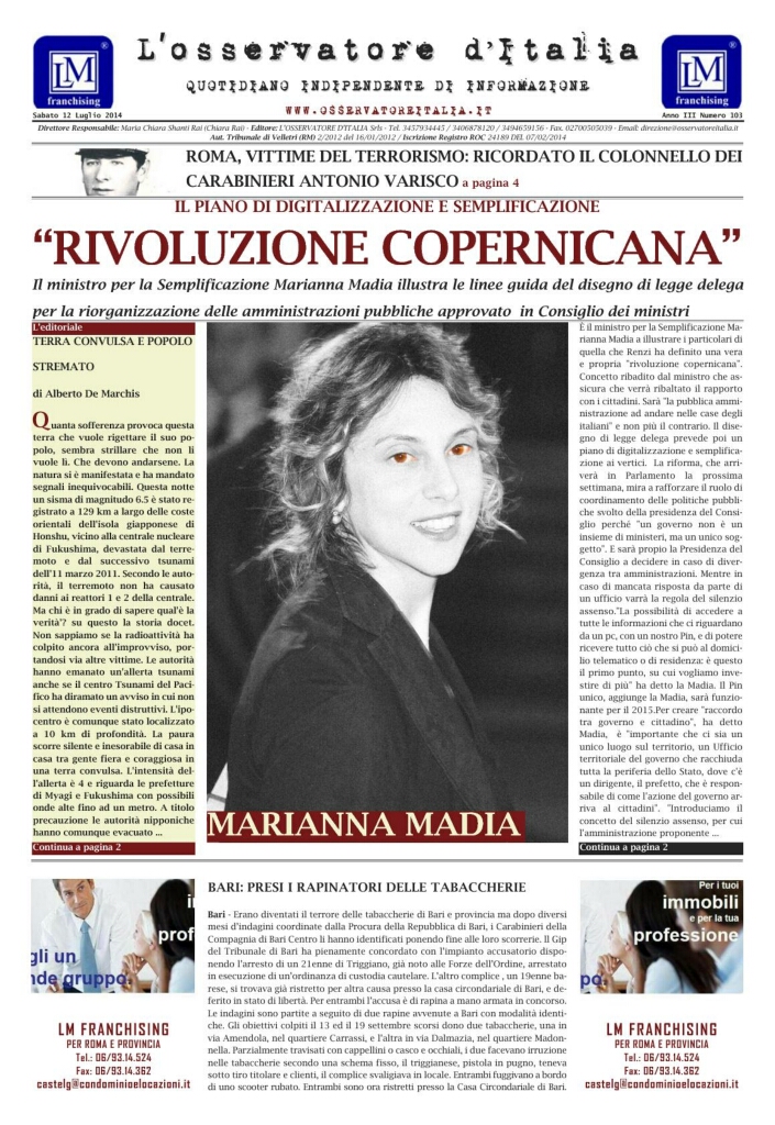 L'osservatore d'Italia edizione del 12 Luglio 2014